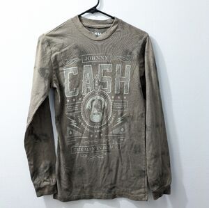 Johnny Cash T-Shirt Long Sleeve Graphic Brown, Mens Small